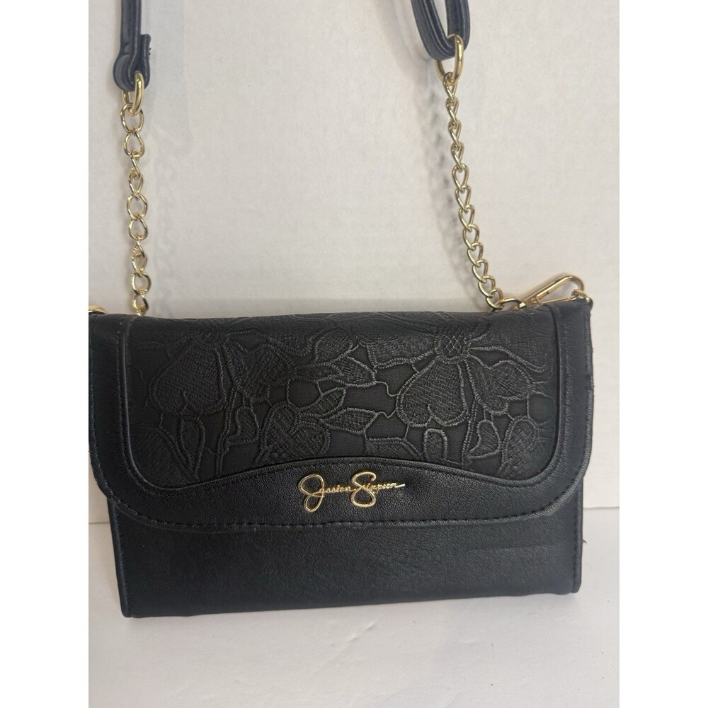 Jessica Simpson Black Floral Embossed Shoulder Bag with Chain Strap & Card Slots